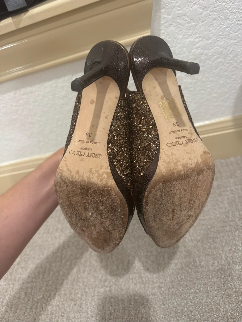 Jimmy Choo Bronze Glitter Peep-Toe Slingback Heels